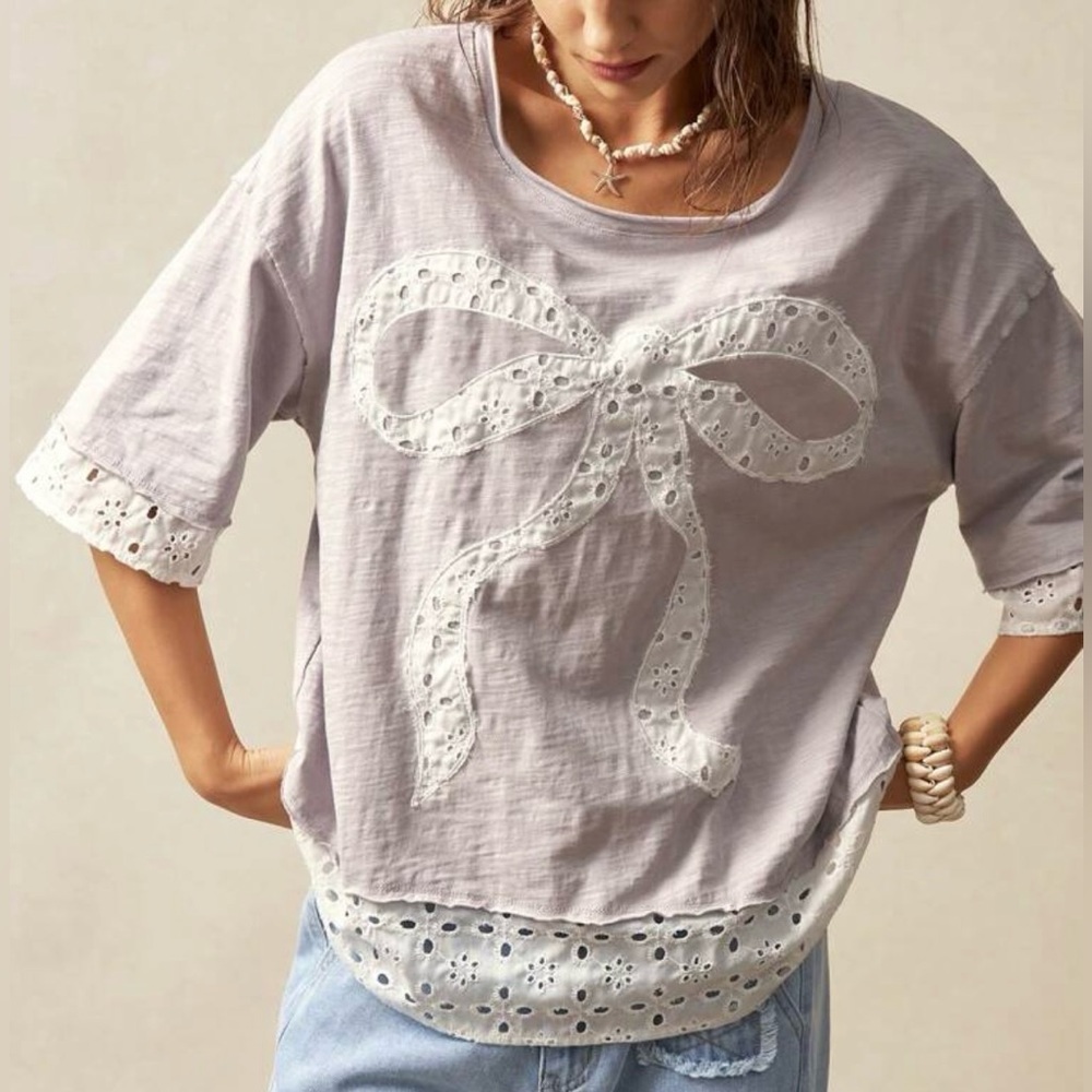 Women's Lace Bow Top - Light Gray - Picture 1 of 10
